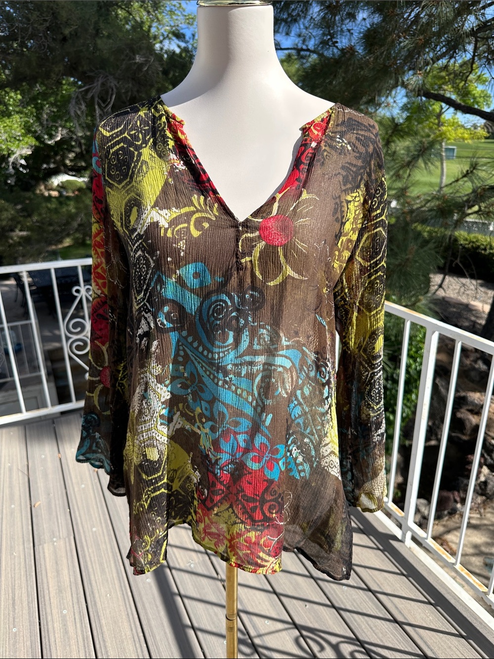 Chico's Sheer Mixed-Print V-Neck Tunic in Brown with Yellow, Blue & Red Accents